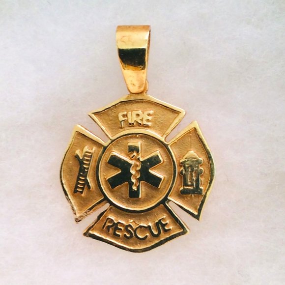 14k Gold Fire Resue with Cadieus symbol Maltese Cross Pendant